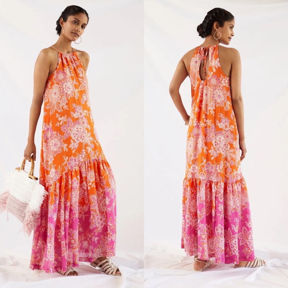 Anthropologie Maeve Flounced Halter Maxi Dress Pink Orange Large NWOT